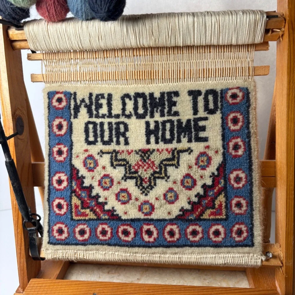 Miniature Welcome to Our Home‎ Tapestry Rug on Wooden Loom Display